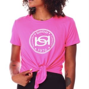 Bebe Interlock Crystal Logo Tie Front Tee Pink NWT